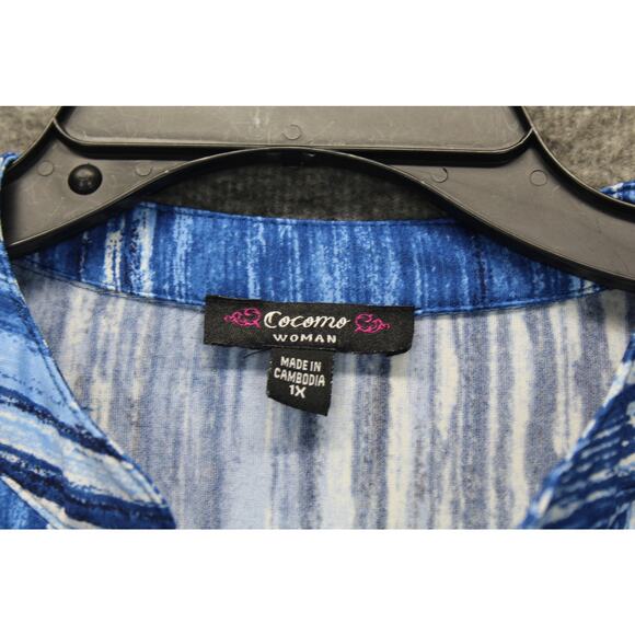 Cocomo Shirt Womens 1X Blue Blouse Abstract Roll Tab Sleeve - Picture 3 of 5